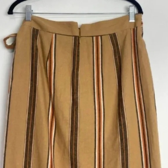 Worthington Linen Blend Midi Wrap Skirt Striped Brown Yellow Slit Size 6 - Picture 3 of 5